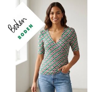Boden Floral Geometric Faux Wrap Top Green Pink V-Neck T1547 US 8 UK 12